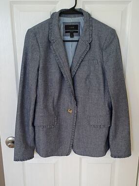 J. Crew Blue Chambray Ruffle-Trim Blazer, 10